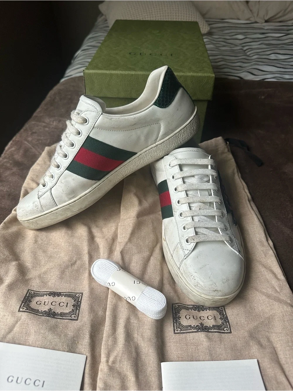 Gucci White Leather Ace Sneakers with Red Snake and Green-Red Web